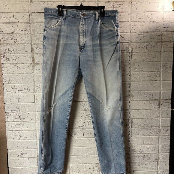 VINTAGE RUSTLER DISTRESSED FADED LIGHT BLUE DENIM JEANS 38x32 - Picture 2 of 11